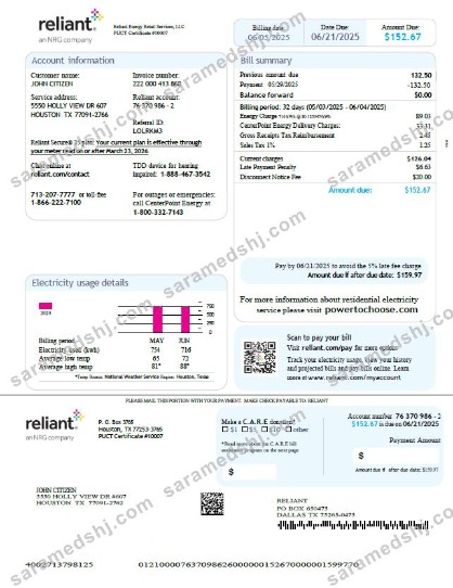 USA Reliant Energy utility bill template in Word and PDF formats, version 3
